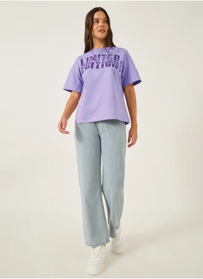 ستايلي Styli Slogan Print Short Sleeve Oversized T-Shirt