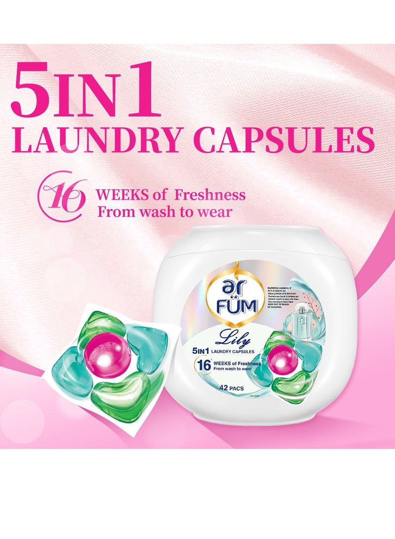 ar FUM ArFum PODS, 5-in-1 Laundry Detergent Capsules with Scent Booster, Detergent Concentrate, Softener, Color Protect, Powerful Stain Remover in 1 capsule, 16 Weeks Long-Lasting Fragrance, 42 Pods, Lily - Image 4