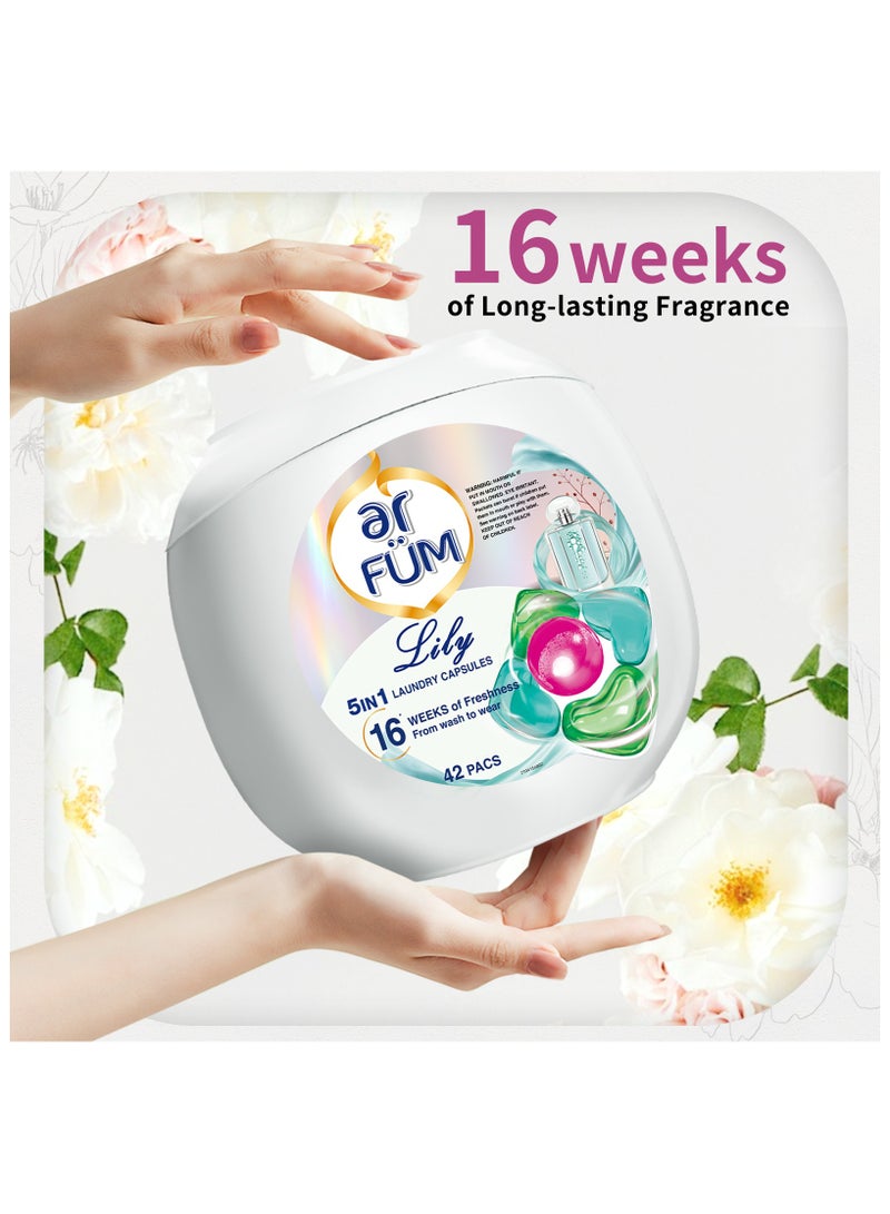 ar FUM ArFum PODS, 5-in-1 Laundry Detergent Capsules with Scent Booster, Detergent Concentrate, Softener, Color Protect, Powerful Stain Remover in 1 capsule, 16 Weeks Long-Lasting Fragrance, 42 Pods, Lily - Image 3
