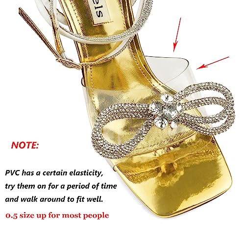 Zzheels Double Bowknots Crystal Sandals Clear Slingback Heels Square Toe Shoes for Party Wedding Dating Gold US8.5 - Image 2