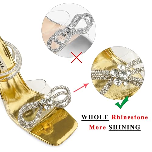 Zzheels Double Bowknots Crystal Sandals Clear Slingback Heels Square Toe Shoes for Party Wedding Dating Gold US8.5 - Image 3