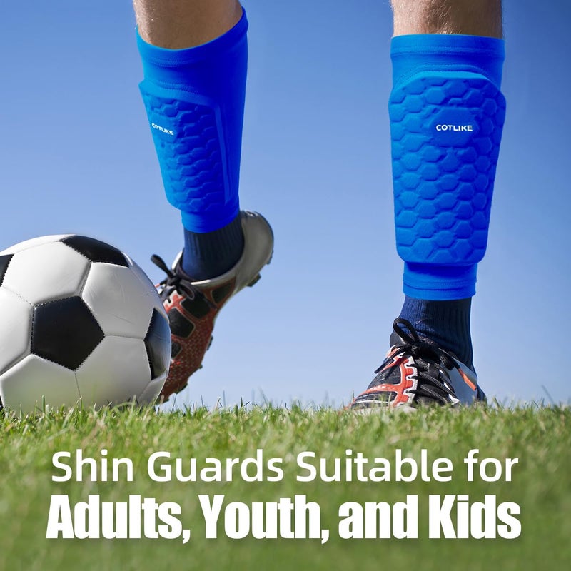 COTLIKE Soccer Shin Guards for Kids Youth Adults, Ski Shin Guards Sleeves for 2-18 Years Old Boys Girls Men, Calf Compression Sleeve with Honeycomb Pads, Espinilleras de Futbol para Hombres (Blue, XS) - Image 3