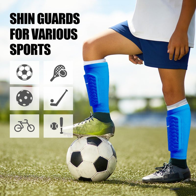 COTLIKE Soccer Shin Guards for Kids Youth Adults, Ski Shin Guards Sleeves for 2-18 Years Old Boys Girls Men, Calf Compression Sleeve with Honeycomb Pads, Espinilleras de Futbol para Hombres (Blue, XS) - Image 4