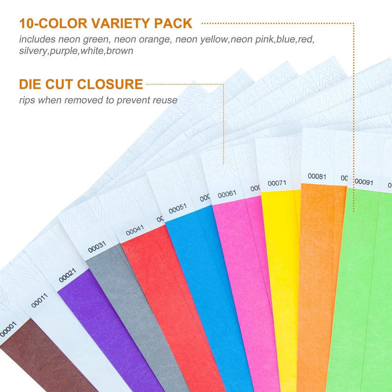 DGBDPACK 100 Pcs Wristbands with Numbers, 1-100 Consecutive Numbers,5 Colors,Waterproof and Tearproof Wrist Straps for Events Parties (Assorted Colors, 10 Pcs Per Color) - Image 2