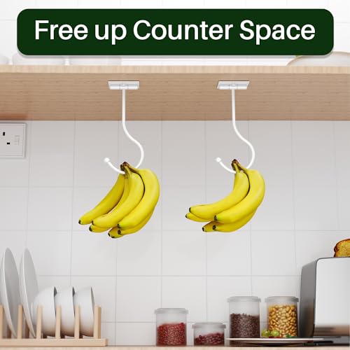 Josmimic White Banana Hanger Hook Under Cabinet: Adhesive Banana Holder, Foldable with Magnets When Not in Use, Under Counter Banana Hook, Stainless, Hold 13 LB - Image 2