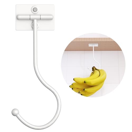 Josmimic White Banana Hanger Hook Under Cabinet: Adhesive Banana Holder, Foldable with Magnets When Not in Use, Under Counter Banana Hook, Stainless, Hold 13 LB - Image 1