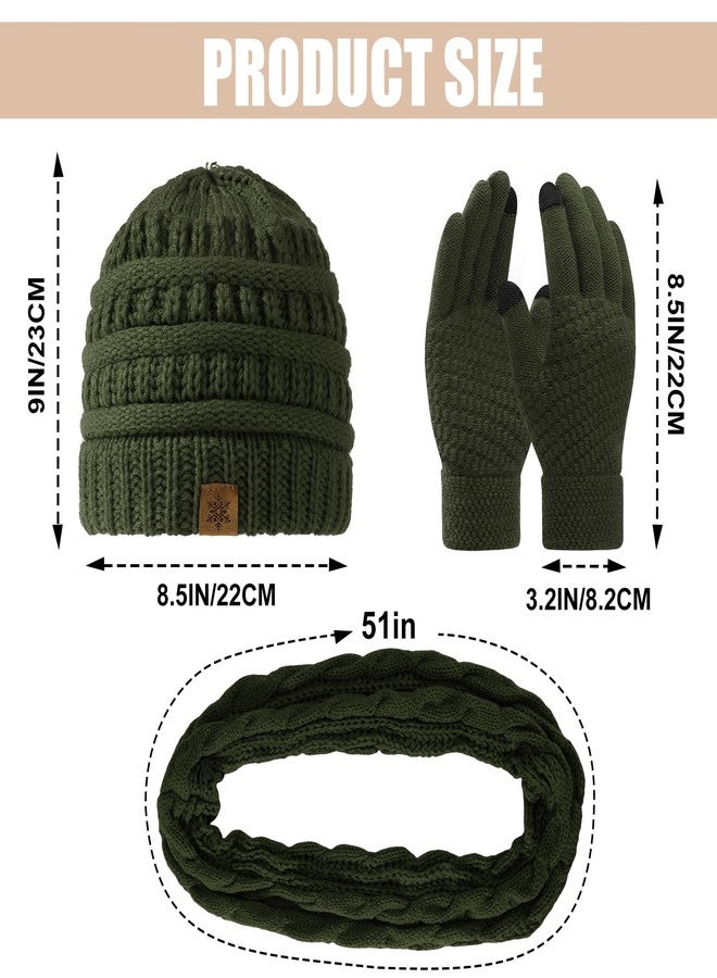 Pleneal Winter Beanie Hat Scarf Gloves Set, Thick Warm Knit Winter Skull Cap Touch Screen Gloves Neck Scarf for Women Men 6 Green - Image 3