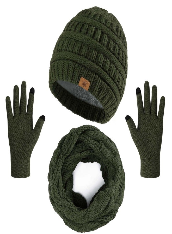 Pleneal Winter Beanie Hat Scarf Gloves Set, Thick Warm Knit Winter Skull Cap Touch Screen Gloves Neck Scarf for Women Men 6 Green - Image 1
