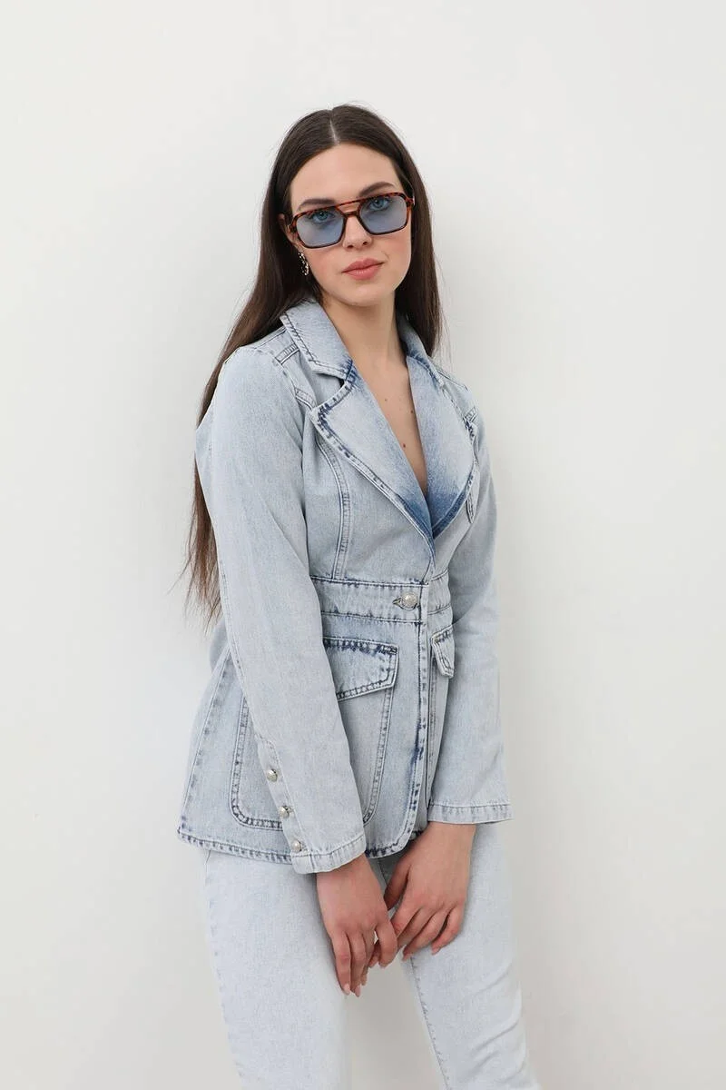 Banny Jeans Women's Long Sleeve Single Button Jean Jacket Light Blue