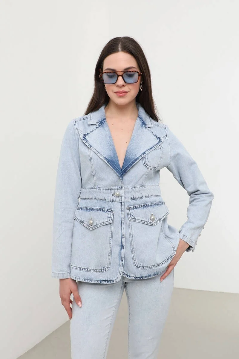 Banny Jeans Women's Long Sleeve Single Button Jean Jacket Light Blue