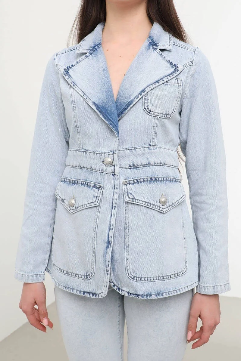 Banny Jeans Women's Long Sleeve Single Button Jean Jacket Light Blue