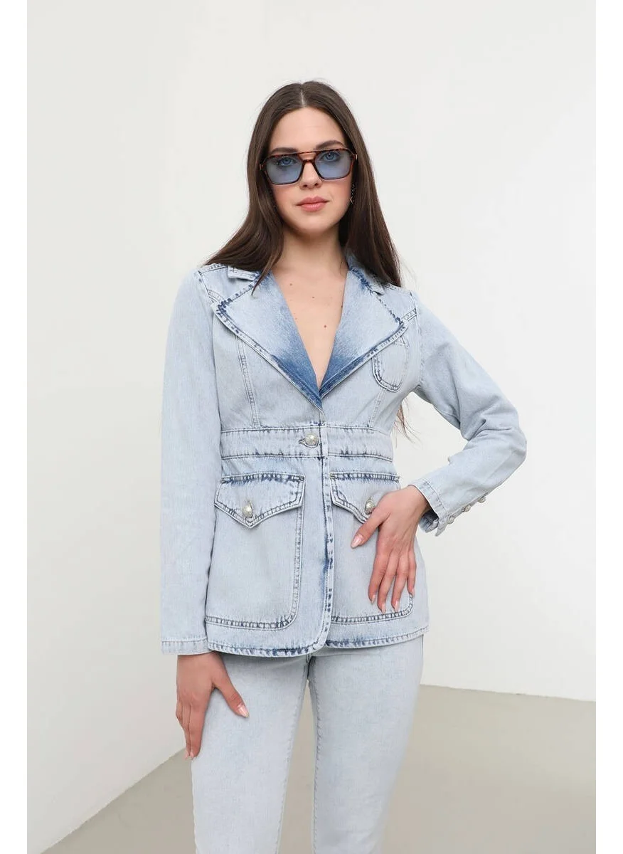 Banny Jeans Women's Long Sleeve Single Button Jean Jacket Light Blue