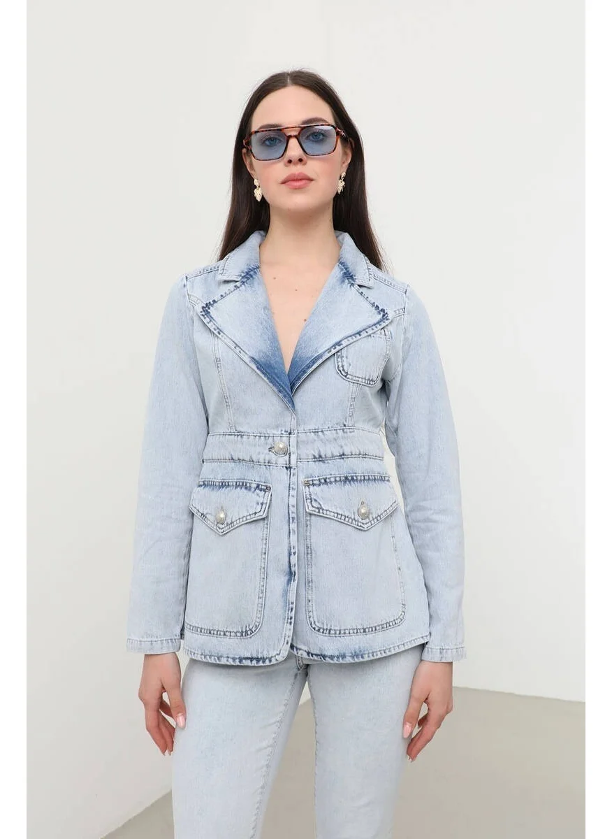 Banny Jeans Women's Long Sleeve Single Button Jean Jacket Light Blue