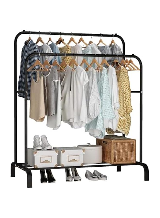 MIXDE Clothes Rack,1.5m High Double Rod Garment Rack with Storage Shelf,Clothes Display Rack,Portable Clothing Racks for Clothes Shoes Handbags,Multi-Purpose for Home Bedroom (Black) - Image 1