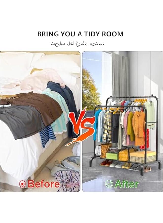 MIXDE Clothes Rack,1.5m High Double Rod Garment Rack with Storage Shelf,Clothes Display Rack,Portable Clothing Racks for Clothes Shoes Handbags,Multi-Purpose for Home Bedroom (Black) - Image 2