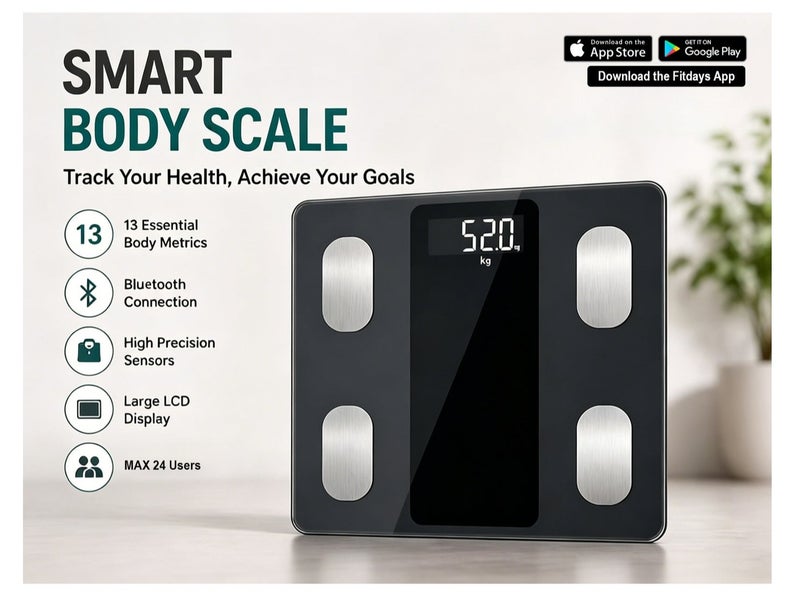 body weight Scale,Smart Bluetooth body weight Scale with app & with LCD display,Weight/Body Fat/BMI,professional body scale measurement,4 electrodes ,KG/LBS,MAX 24 Users - Image 1