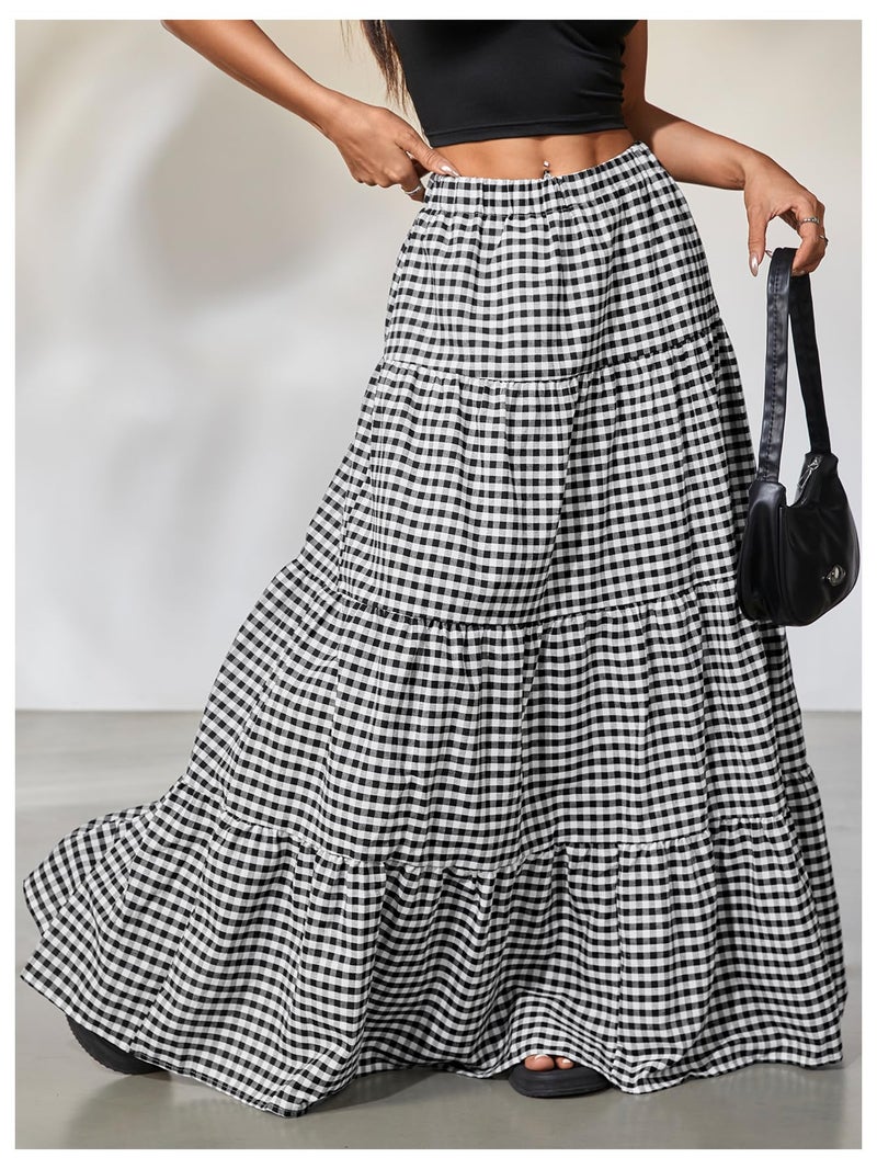 MakeMeChic Women's Plaid Maxi Skirts A Line Ruffle Tiered Layer Y2K Flowy Casual Long Skirts Black and White Small - Image 3