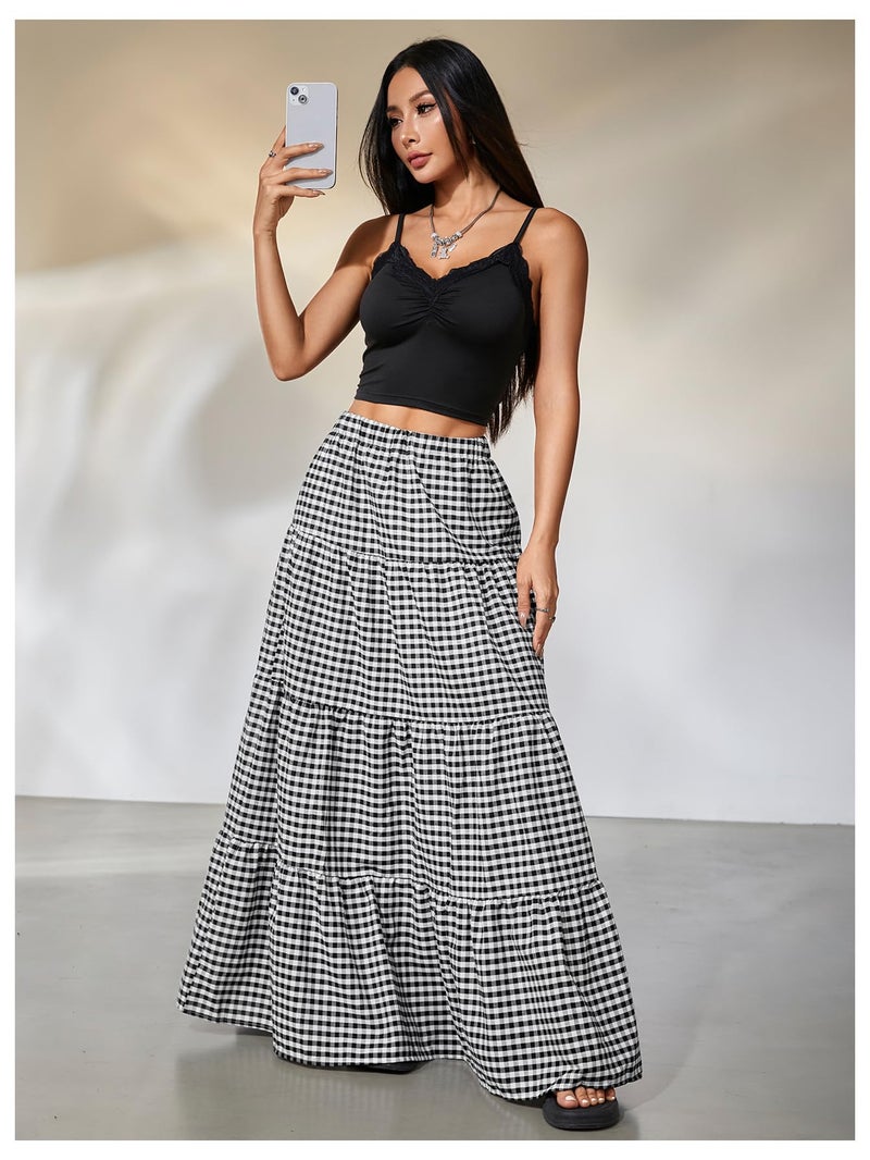 MakeMeChic Women's Plaid Maxi Skirts A Line Ruffle Tiered Layer Y2K Flowy Casual Long Skirts Black and White Small - Image 4