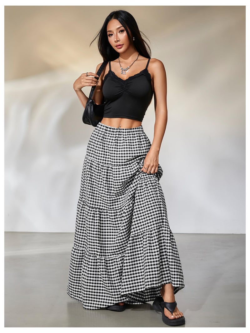 MakeMeChic Women's Plaid Maxi Skirts A Line Ruffle Tiered Layer Y2K Flowy Casual Long Skirts Black and White Small - Image 5