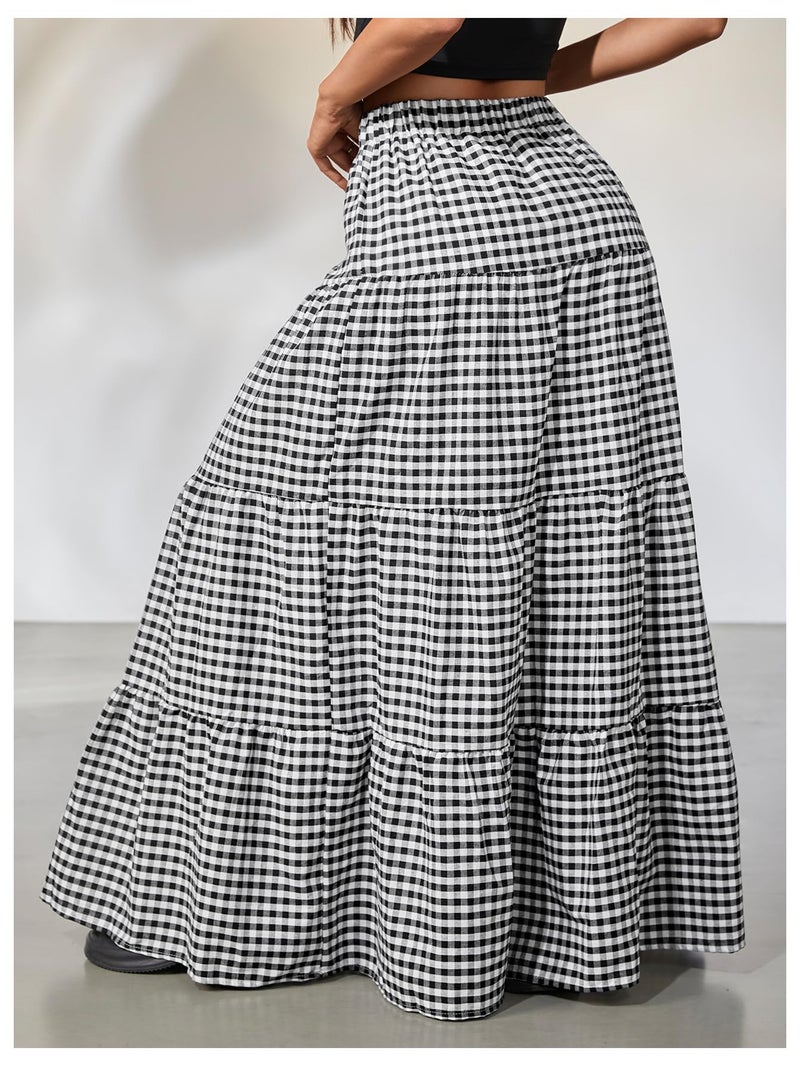 MakeMeChic Women's Plaid Maxi Skirts A Line Ruffle Tiered Layer Y2K Flowy Casual Long Skirts Black and White Small - Image 2