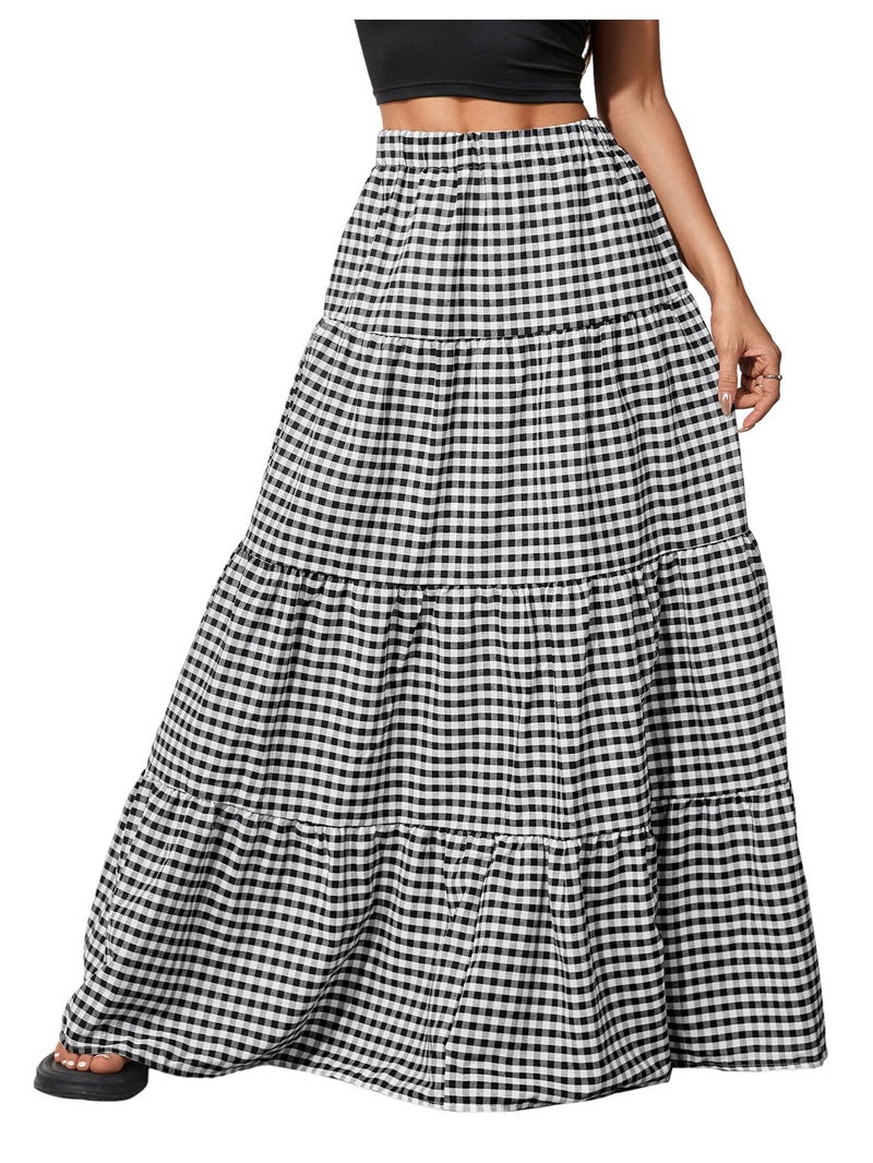MakeMeChic Women's Plaid Maxi Skirts A Line Ruffle Tiered Layer Y2K Flowy Casual Long Skirts Black and White Small - Image 1