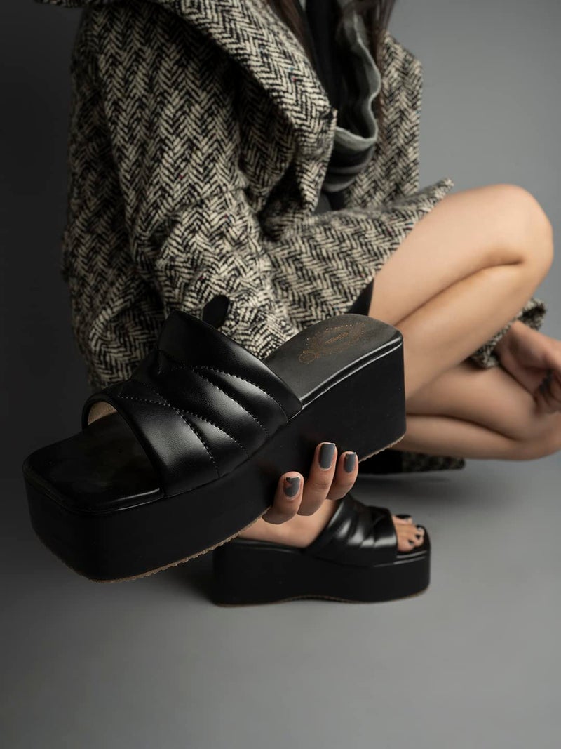 Shoetopia Women's Black Platform Wedge Sandals – Open Toe Slip-On Casual Slides with Cushioned Strap Comfortable EU41 - Image 3