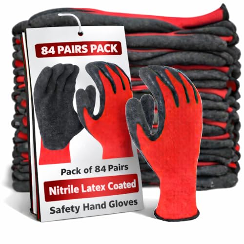 RK TRENDS Safety Gloves - Nylon Nitrile Coated Industrial & Home Cut Resistant Hand Gloves. (Black Red (Latex Coated), Pack of 84 Pairs) - Image 1