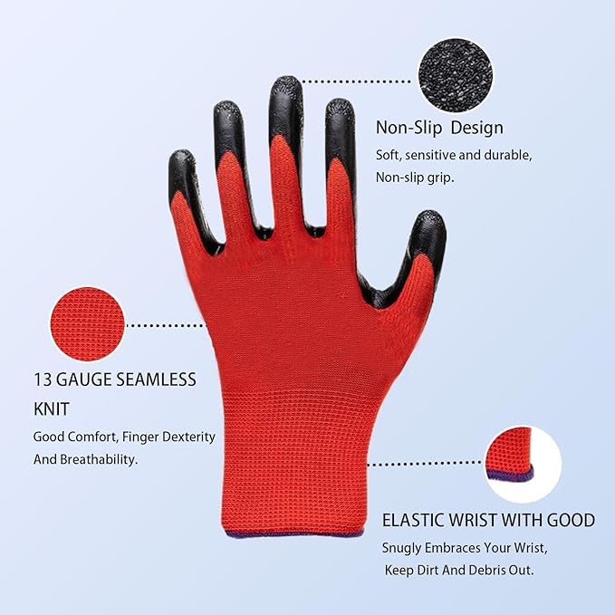 RK TRENDS Safety Gloves - Nylon Nitrile Coated Industrial & Home Cut Resistant Hand Gloves. (Black Red (Latex Coated), Pack of 84 Pairs) - Image 2