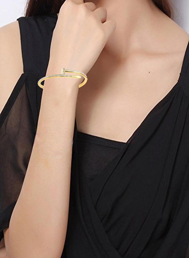 Okos Gold Plated Fashion Jewellery Stainless Steel Anti Tarnish Cuff Band Style Bangle Bracelet And Nail Style Combo Pack of 2 with White CZ Stones For Girls and Women CO0023 - Image 5