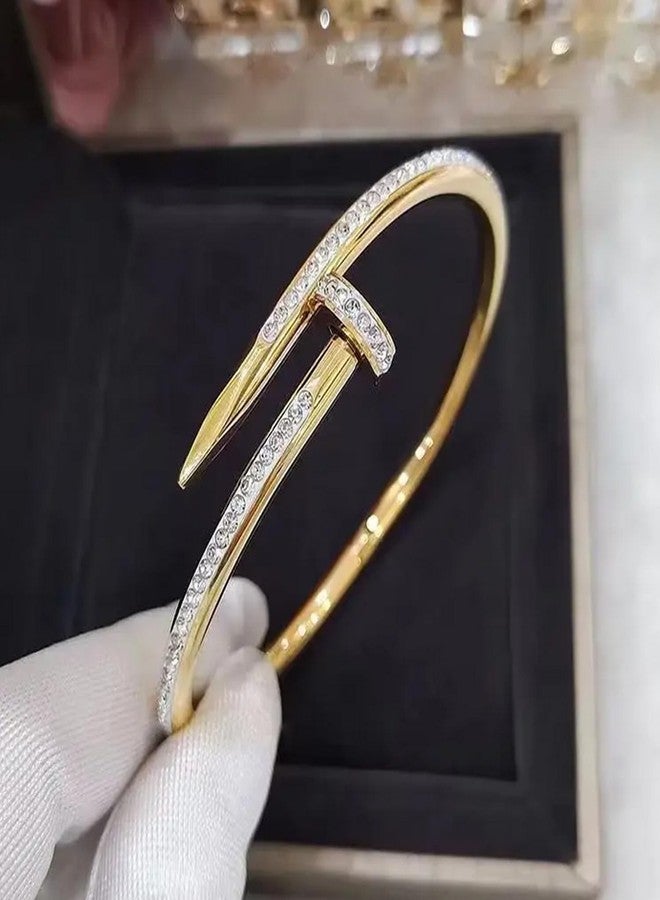 Okos Gold Plated Fashion Jewellery Stainless Steel Anti Tarnish Cuff Band Style Bangle Bracelet And Nail Style Combo Pack of 2 with White CZ Stones For Girls and Women CO0023 - Image 2