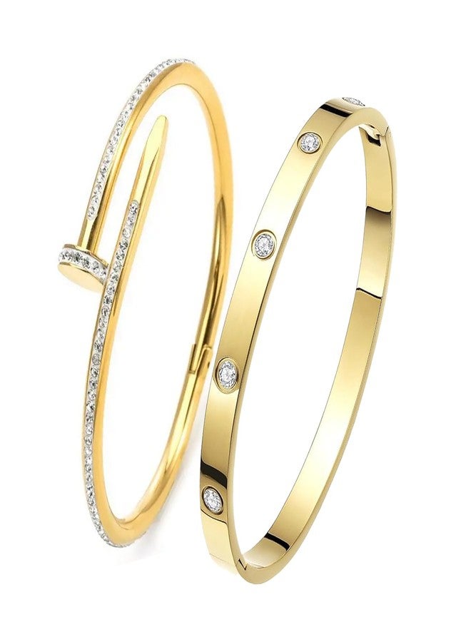 Okos Gold Plated Fashion Jewellery Stainless Steel Anti Tarnish Cuff Band Style Bangle Bracelet And Nail Style Combo Pack of 2 with White CZ Stones For Girls and Women CO0023 - Image 1