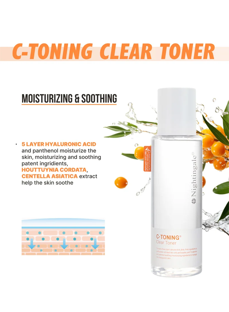 nightingale Korean C-Toning Clear Toner Mild, 200 ml - Skincare Moisturizing Nourishing Hydrating Essence Toner AHA, BHA, PHA, Vitamin C