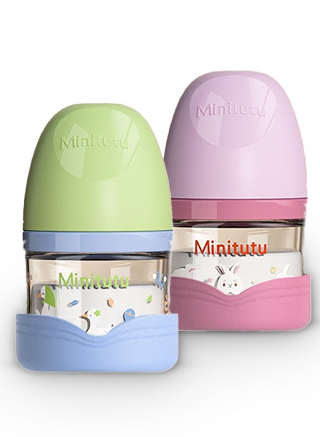 Minitutu Pack of 2 Anti-Colic Glass Feeding Bottle for Newborn with Breast-Like Nipples and Silicone Anti Drop base, 80ml, 0M+, Wide-Neck(Pink&Green) - Image 1