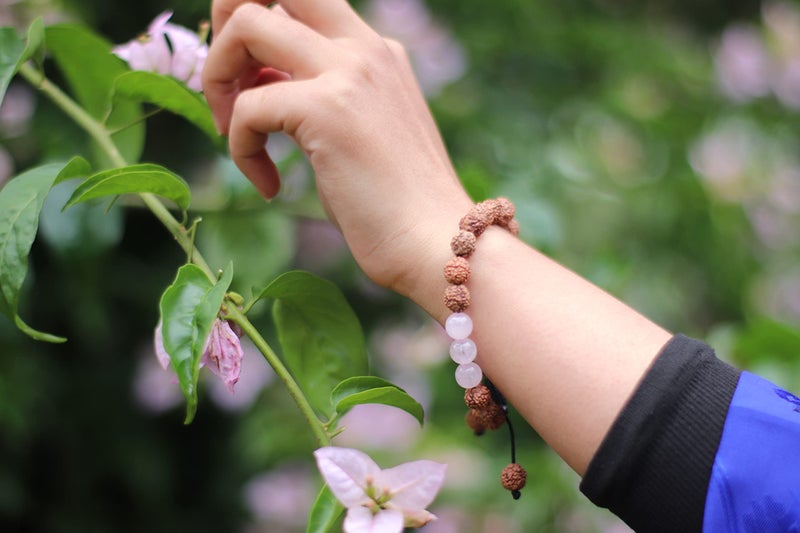 Hands Of Tibet Tibetan Mala Rudraksha Wrist Mala/Bracelet for Meditation (Rose quartz) - Image 2