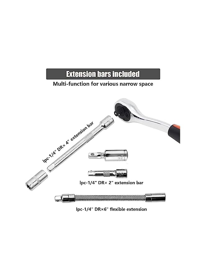 promass 53 Piece 1/4 Socket Wrench Set, 72 Teeth Quick Release Ratchet Wrench Set with Flexible Extension Rods, Driver Bits Metric Tool, CRV Sockets/Deep Sockets, Mechanical Tool Set for Home/Car - Image 4