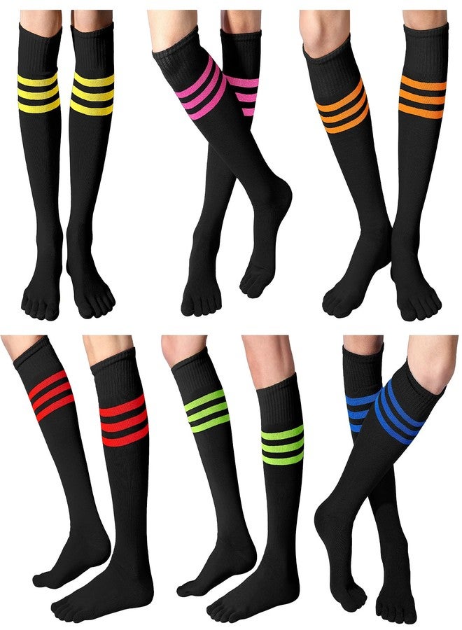 Sureio 6 Pairs Neon Knee High Toe Socks Christmas Women Neon Knee High Separated Toe Striped Athletic Sock Sport X-Mas Gift(Mixed Colors) - Image 1