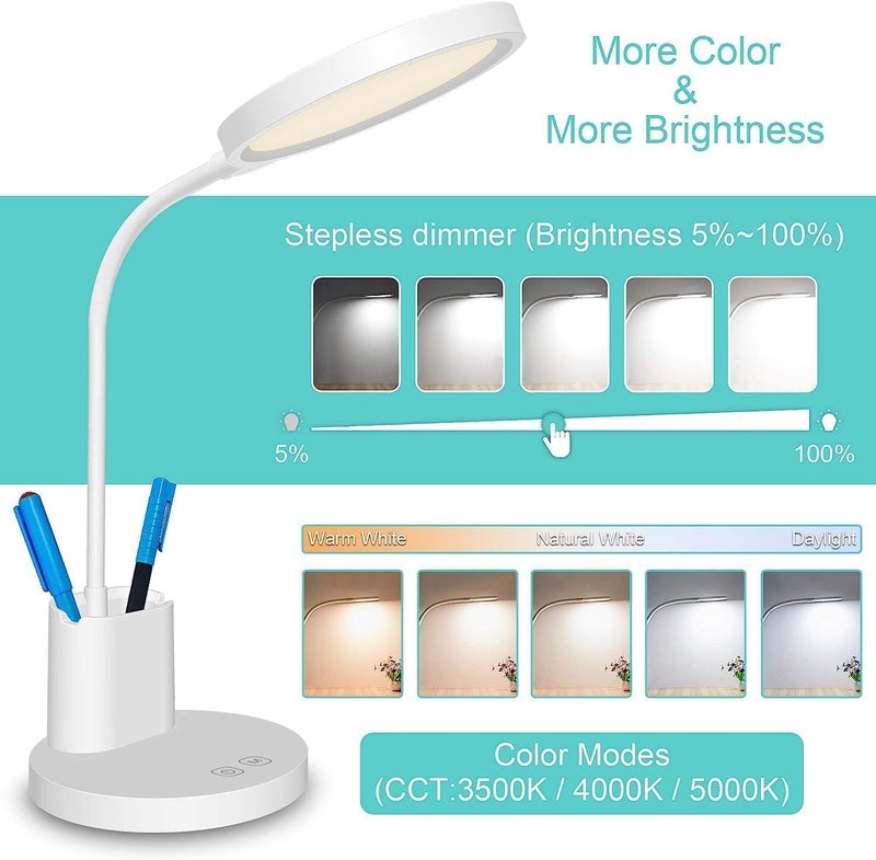 CONSILA EyeCaring Clip on Lights 3 Modes Night Bed Lamp Long Flexible GooseNeckMetal Swing Arm Architect Task Black LED Desk lamp with Clamp Round Study Lamp with Pen Holder - Image 3