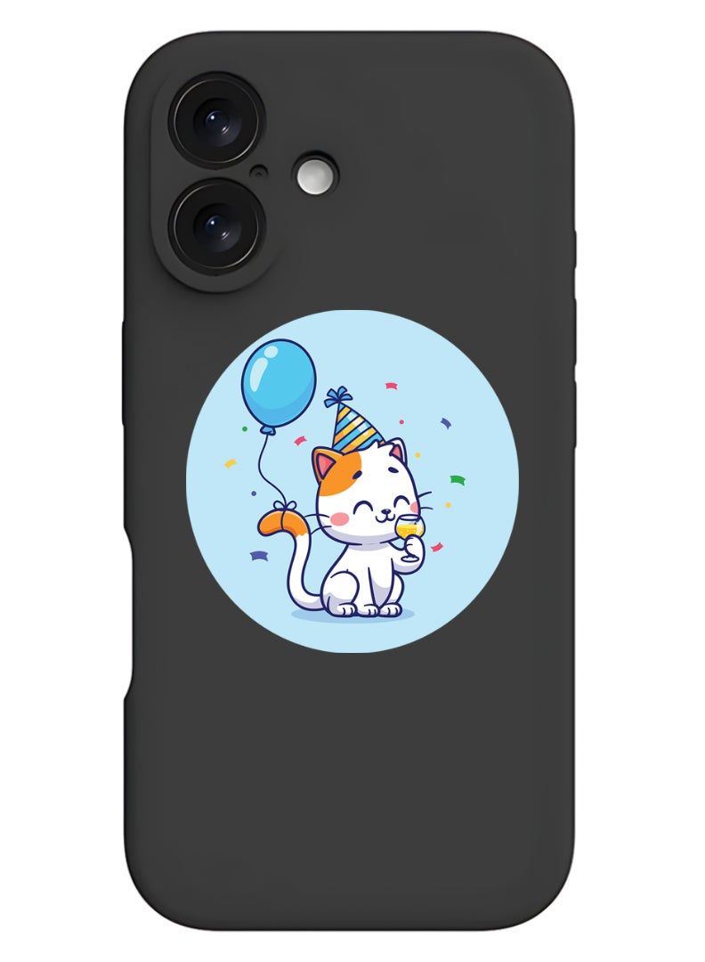 Theodor iPhone 16 Black Protective Slim Fit Case Liquid Silicone Cover with Full Body Protection Anti-Scratch Shockproof Case For iPhone - Cute Cat Birthday - Image 1