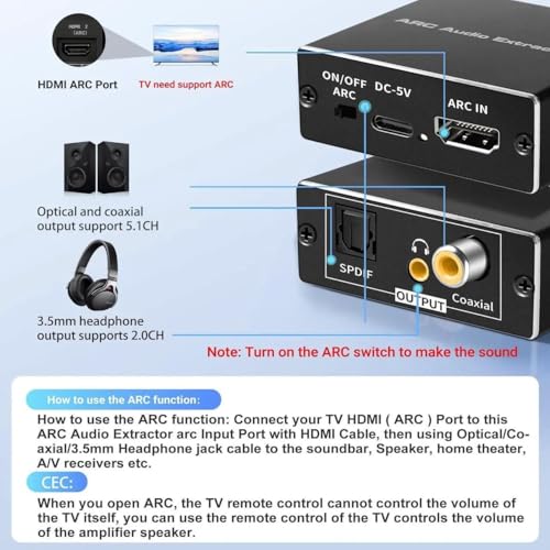Microware HDMI eARC/ARC Audio Extractor, HDMI(ARC) to Toslink + Coaxial + 3.5mm Converter Out,HDTV Audio Converter Adapter Audio Splitter Support Dolby@5.1, DTS@5.1, Dolby AC3,DSD,PCM,LPCM - Image 5