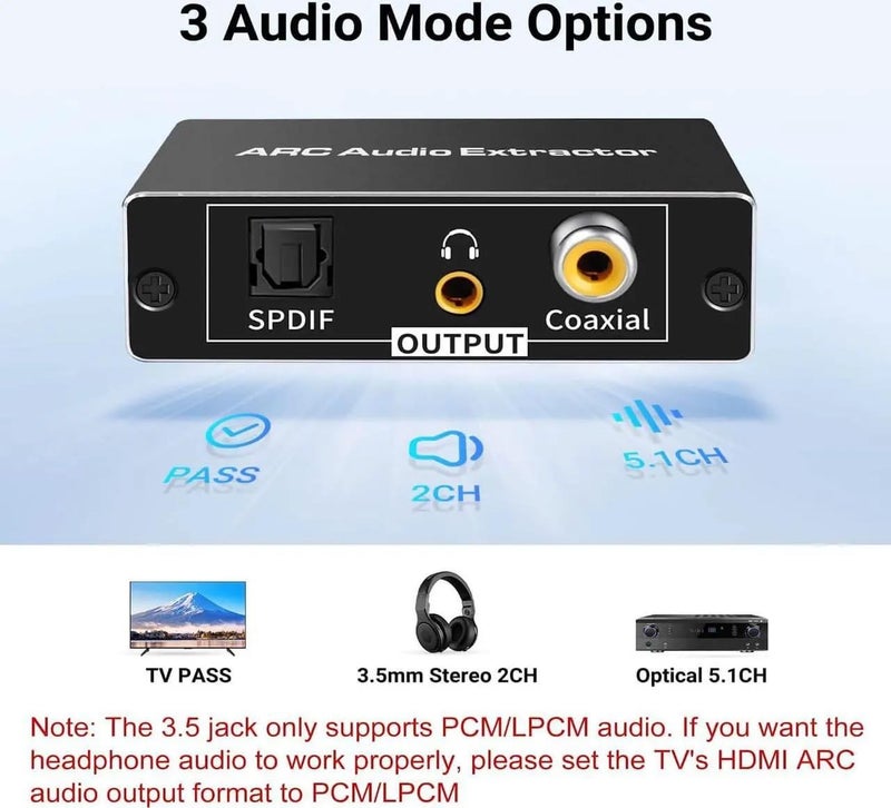 Microware HDMI eARC/ARC Audio Extractor, HDMI(ARC) to Toslink + Coaxial + 3.5mm Converter Out,HDTV Audio Converter Adapter Audio Splitter Support Dolby@5.1, DTS@5.1, Dolby AC3,DSD,PCM,LPCM - Image 4