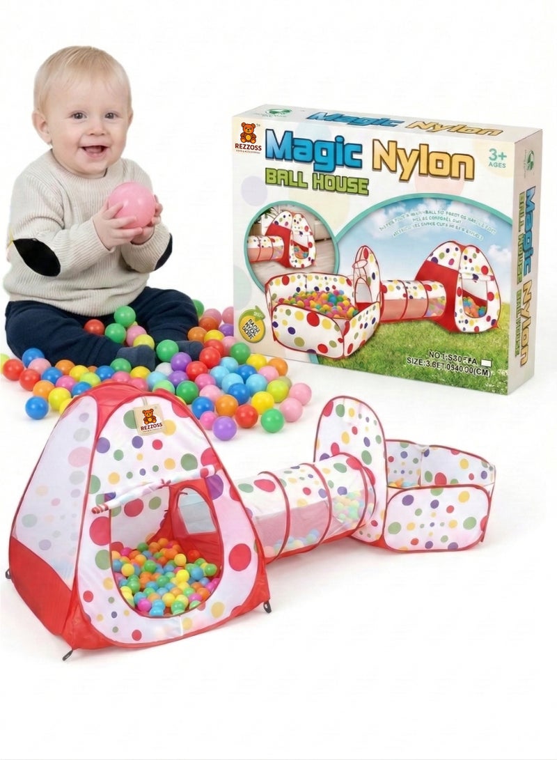 REZZOSS Magic Nylon Ball House 3-in-1 Pop-Up Kids Play Tent with Tunnel & Ball Pit Pool – Foldable Indoor Outdoor Playhouse Set with 100 Colorful Balls | Baby Crawling Toys | Toddler Birthday, Eid & Christmas Gift for Boys & Girls - Image 1