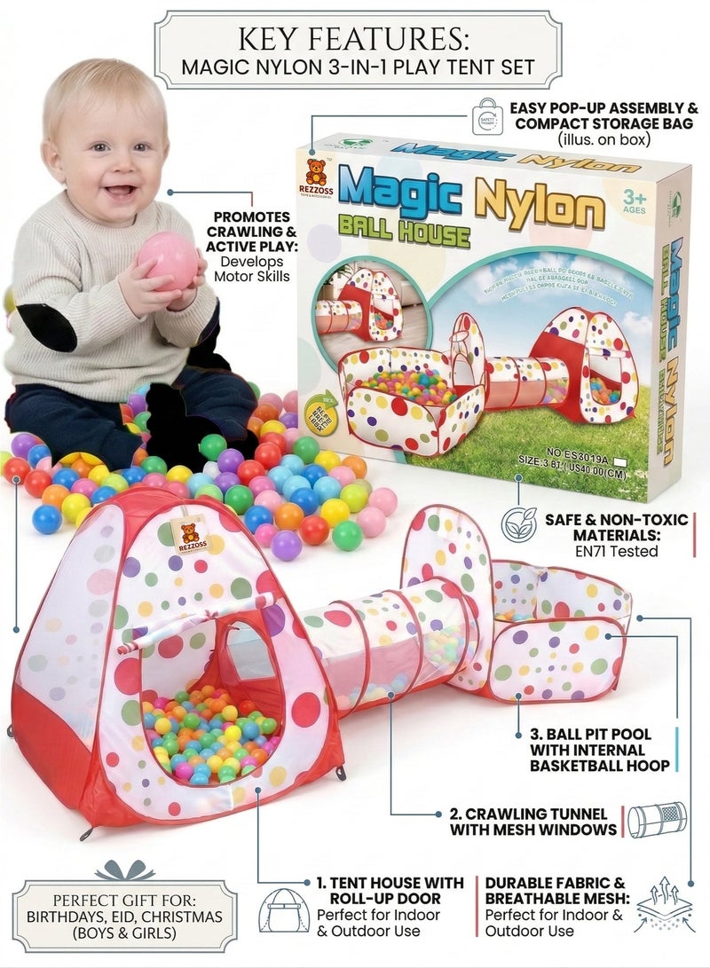 REZZOSS Magic Nylon Ball House 3-in-1 Pop-Up Kids Play Tent with Tunnel & Ball Pit Pool – Foldable Indoor Outdoor Playhouse Set with 100 Colorful Balls | Baby Crawling Toys | Toddler Birthday, Eid & Christmas Gift for Boys & Girls - Image 3
