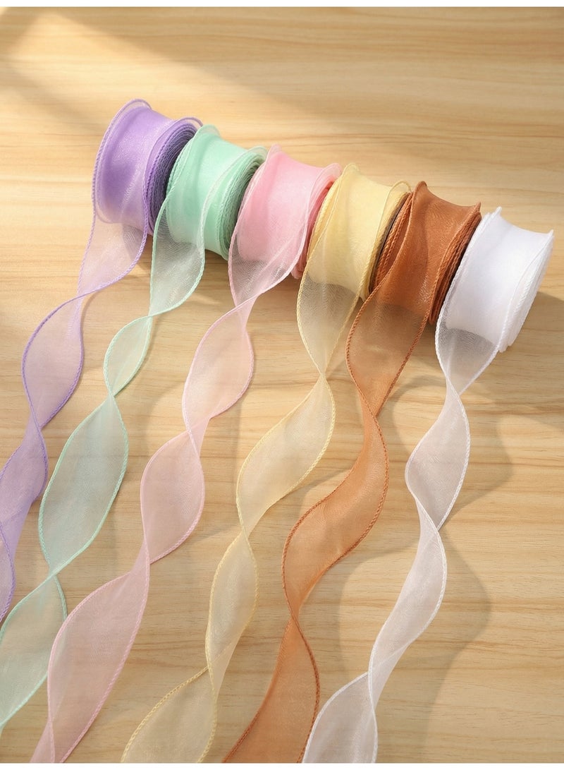 YUEHUO 6 Rolls Organza Ribbon Set with Pearl Wavy Edge, 4cm × 10Y Each, Sheer Gift Wrapping Ribbon for Flower Bouquets, Wedding Decor and DIY Crafts - Image 1