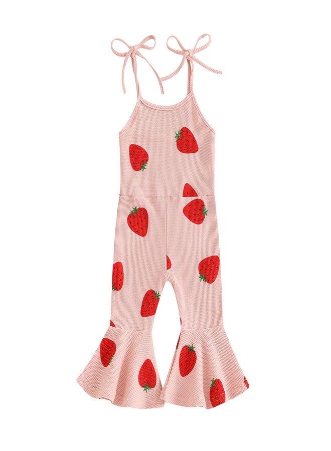 BHMAWSRT Toddler Baby Girl Clothes Bell Bottom Jumpsuit Strawberry Overalls Sleeveless Tie-up Flare Pants (Pink, 2-3 Years) - Image 1