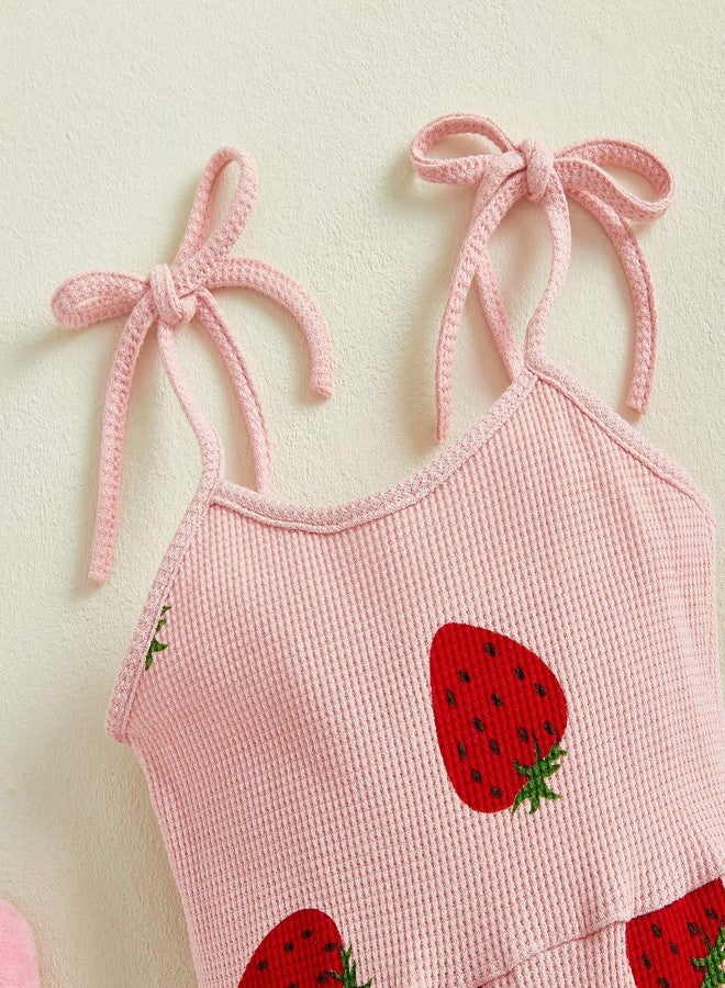 BHMAWSRT Toddler Baby Girl Clothes Bell Bottom Jumpsuit Strawberry Overalls Sleeveless Tie-up Flare Pants (Pink, 2-3 Years) - Image 5