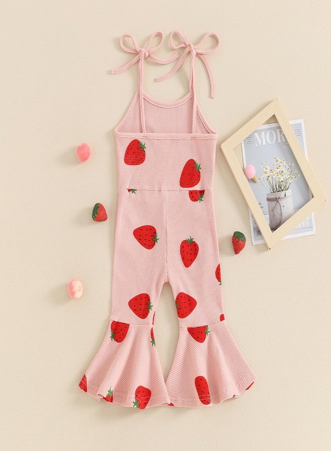 BHMAWSRT Toddler Baby Girl Clothes Bell Bottom Jumpsuit Strawberry Overalls Sleeveless Tie-up Flare Pants (Pink, 2-3 Years) - Image 4