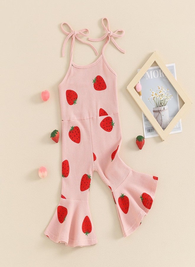 BHMAWSRT Toddler Baby Girl Clothes Bell Bottom Jumpsuit Strawberry Overalls Sleeveless Tie-up Flare Pants (Pink, 2-3 Years) - Image 3