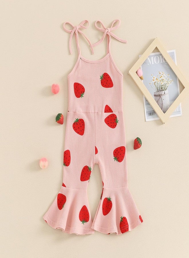 BHMAWSRT Toddler Baby Girl Clothes Bell Bottom Jumpsuit Strawberry Overalls Sleeveless Tie-up Flare Pants (Pink, 2-3 Years) - Image 2