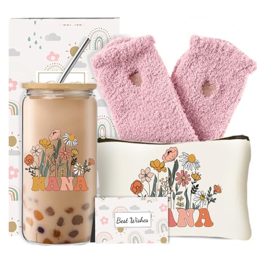 DHQH Best Nana Gifts for Women, Birthday Christmas Gifts Set from Granddaughter Grandson, Godmother Thanksgiving Ideas Gift with 16 Oz Glass Cup - Image 1