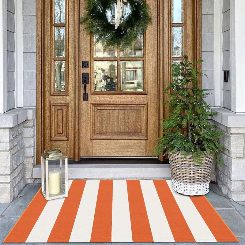 KOZYFLY Striped Rug 27.5x43 Inches Orange and White Halloween Fall Front Door Rug Hand Woven Area Rugs Washable Outdoor Doormats Indoor Entrance Mat for Front Porch Kitchen Entryway Patio Holiday - Image 1